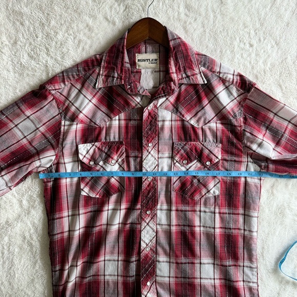 Rustler By Wrangler Shirt Mens Medium Large Red Plaid Pearl Snap Short Sleeve - Picture 8 of 9